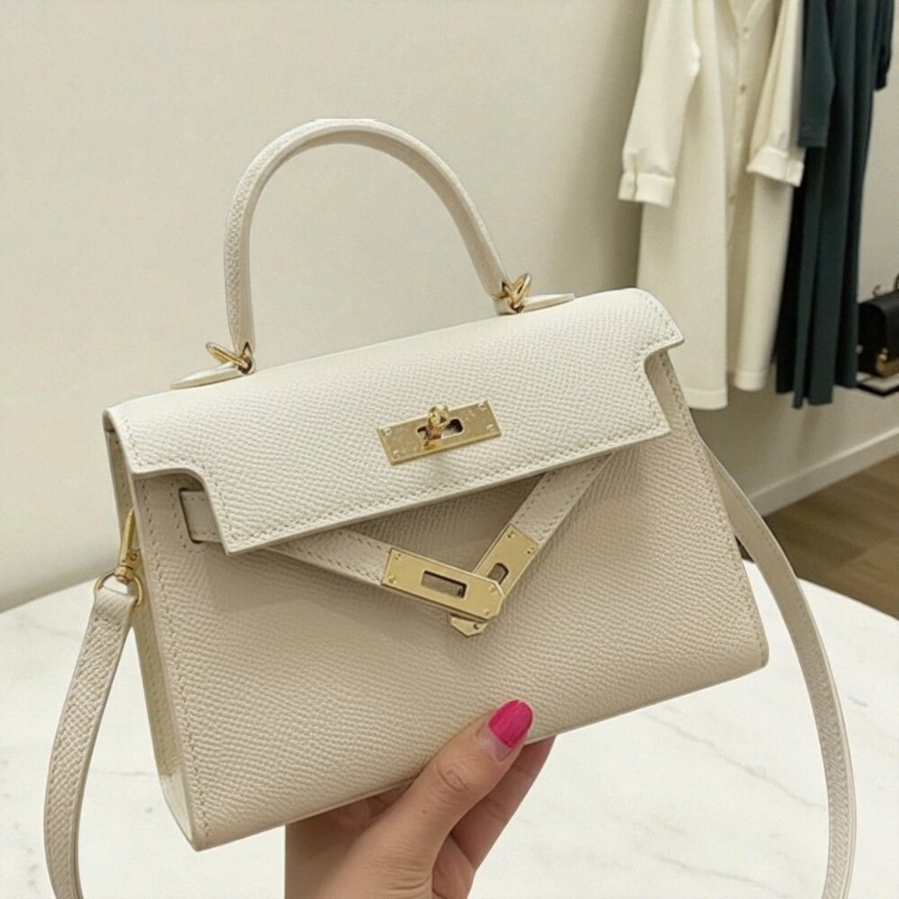 GRACE KELLY White Top-Handle / Crossbody Bag (Vegan Leather) by The Urban Luxe - Picture 4 of 5